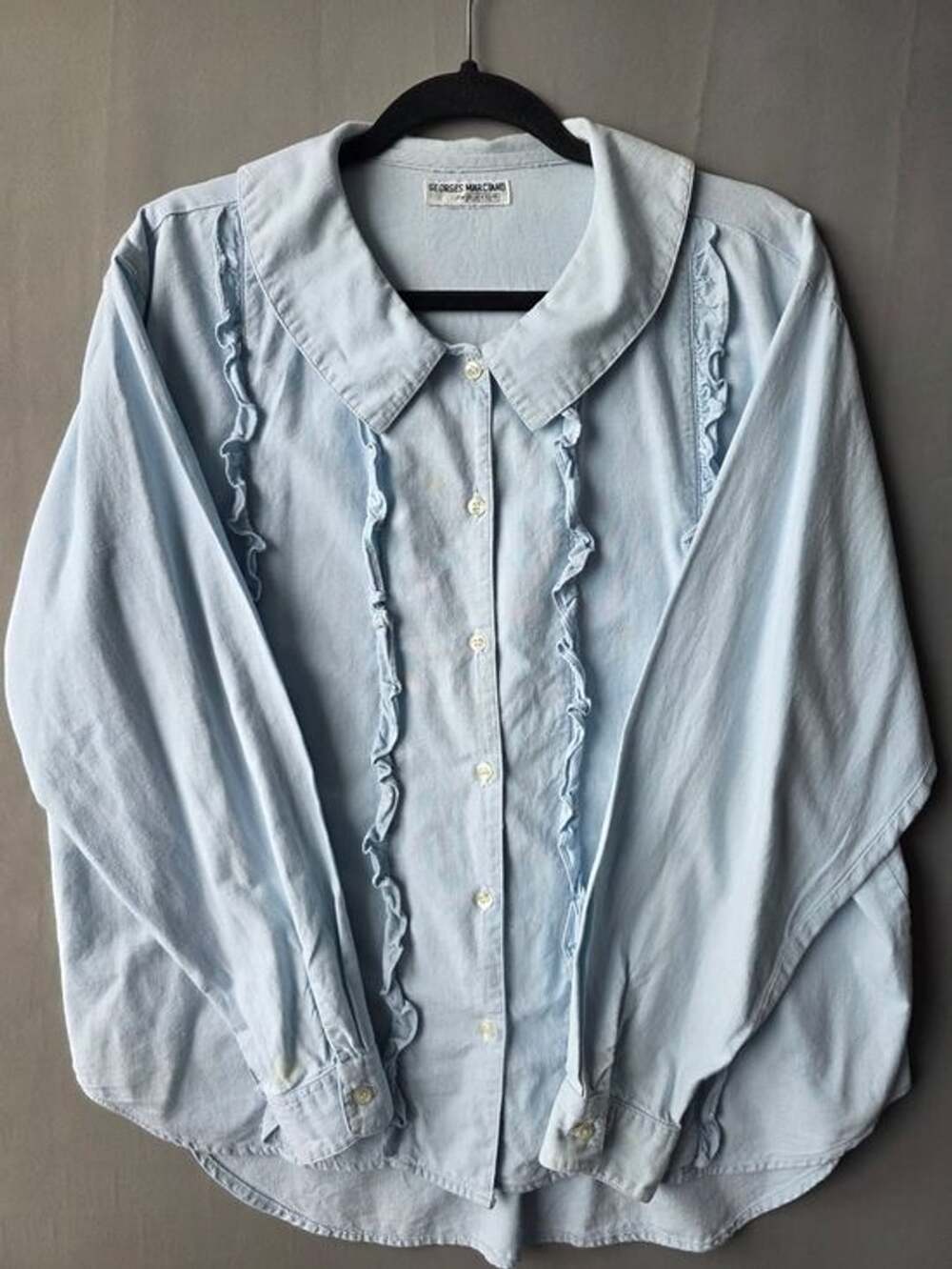Vintage GUESS Georges Marciano Ruffle Button Shirt Size 3 Made USA Blue 80s 90s